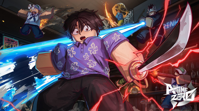 Official Anime Zero promotional artwork featuring a sword-wielding fighter and combat effects